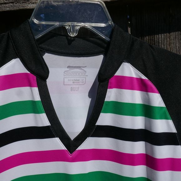 SLAZENGER Womens Golf Shirt Short Sleeve Striped V-Neck Small - Picture 2 of 5